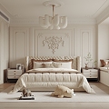 French Cream Style Bedroom Double Bed Wardrobe Chandelier Bay Window Cabinet 3d model