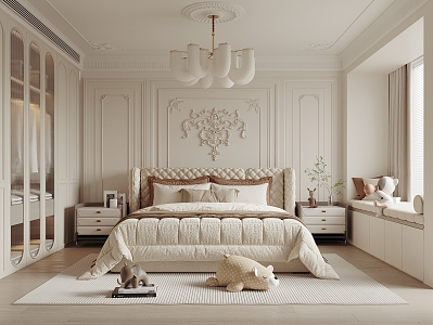 French Cream Style Bedroom Double Bed Wardrobe Chandelier Bay Window Cabinet 3d model