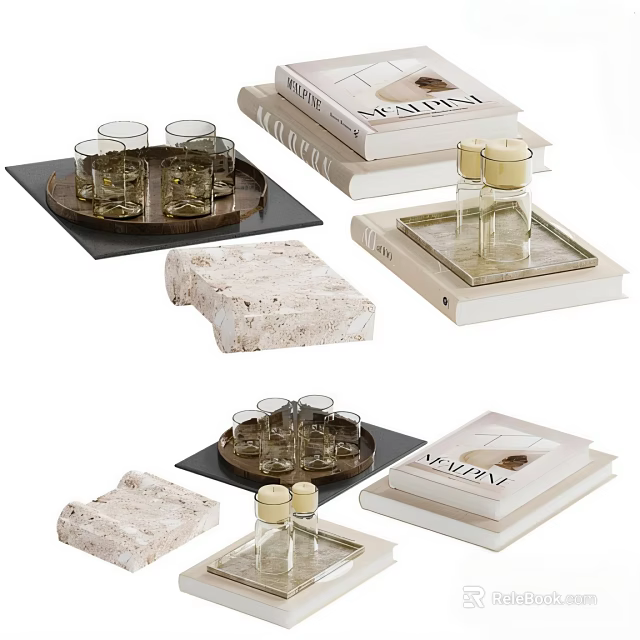 Modern Decorative Ornament Set With Trays Glass Cups Stacked Books And Stone Decor 3d model 