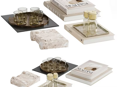 Modern Decorative Ornament Set With Trays Glass Cups Stacked Books And Stone Decor 3d model