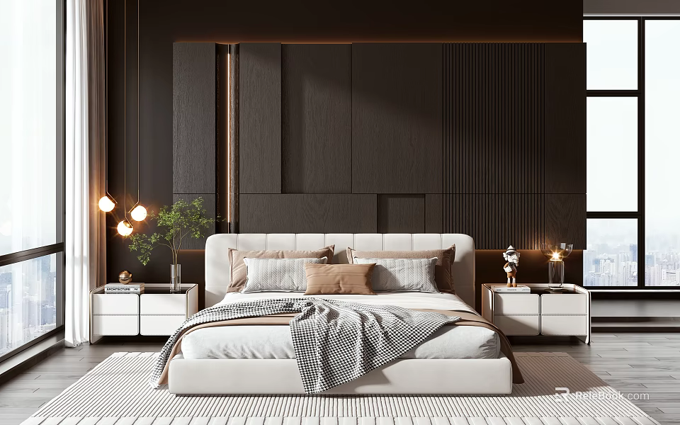 Modern Bedroom Double Bed With Textured Dark Wall Nightstands Table Lamps And Cozy Blanket 3d model 