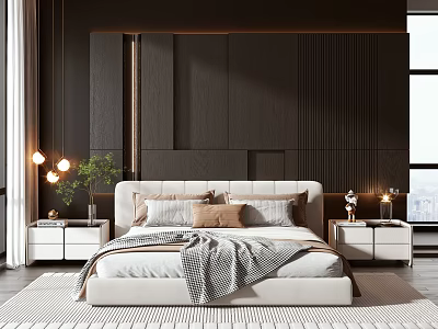 Modern Bedroom Double Bed With Textured Dark Wall Nightstands Table Lamps And Cozy Blanket 3d model