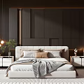 Modern Bedroom Double Bed With Textured Dark Wall Nightstands Table Lamps And Cozy Blanket