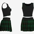 Stylish Two Piece Black Sleeveless Crop Top Green Plaid Skirt Outfit