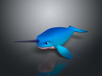 Blue Narwhal with Long Tusk and Pink Belly on Dark Background with Reflection 3d model