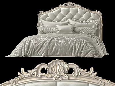 Luxurious Double Bed With Carved Upholstered Headboard And Light Colored Bedding 3d model