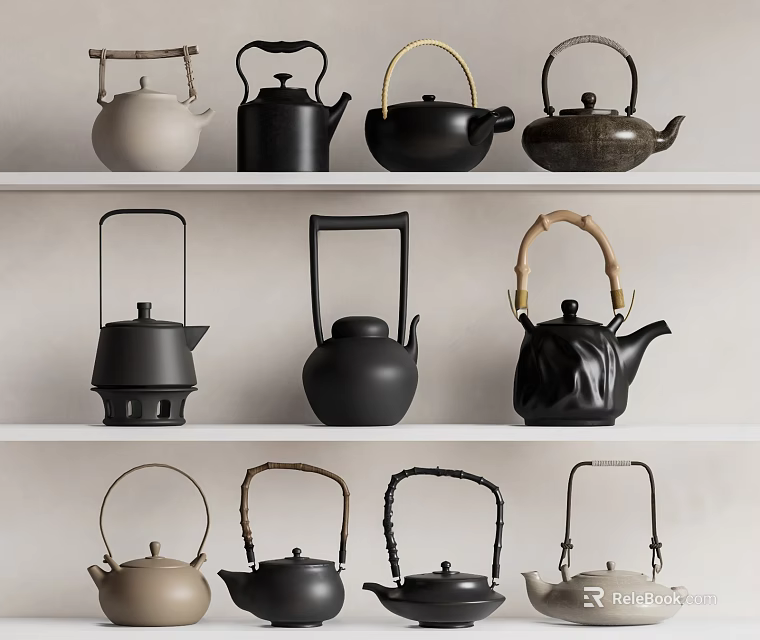 Elegant Ceramic Teapots With Bamboo Handles Displayed On Tiered White Shelves 3d model