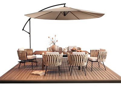 Outdoor Dining Table Setup With Wicker Chairs Patio Umbrella And Wooden Deck 3d model