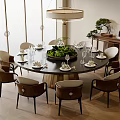 Elegant Round Dining Table Set With Leather Chairs Tableware And Central Green Plant 3d model