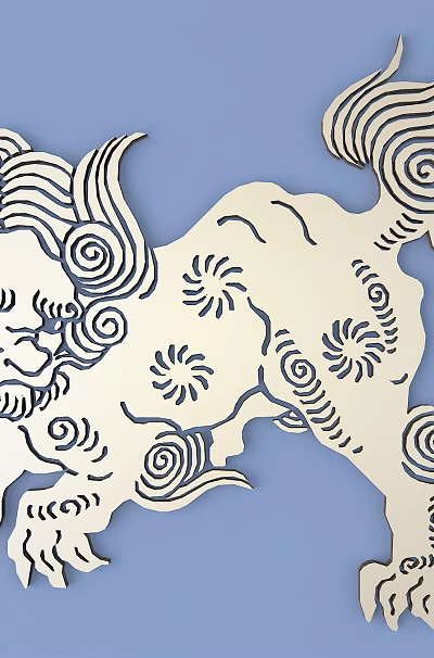 Carved Lion with Intricate Swirling Patterns as Decorative Artwork on Blue Background 3d model