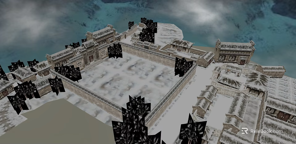Ancient Architecture Courtyard With Snow Covered Ground And Traditional Stone Walls 3d model 