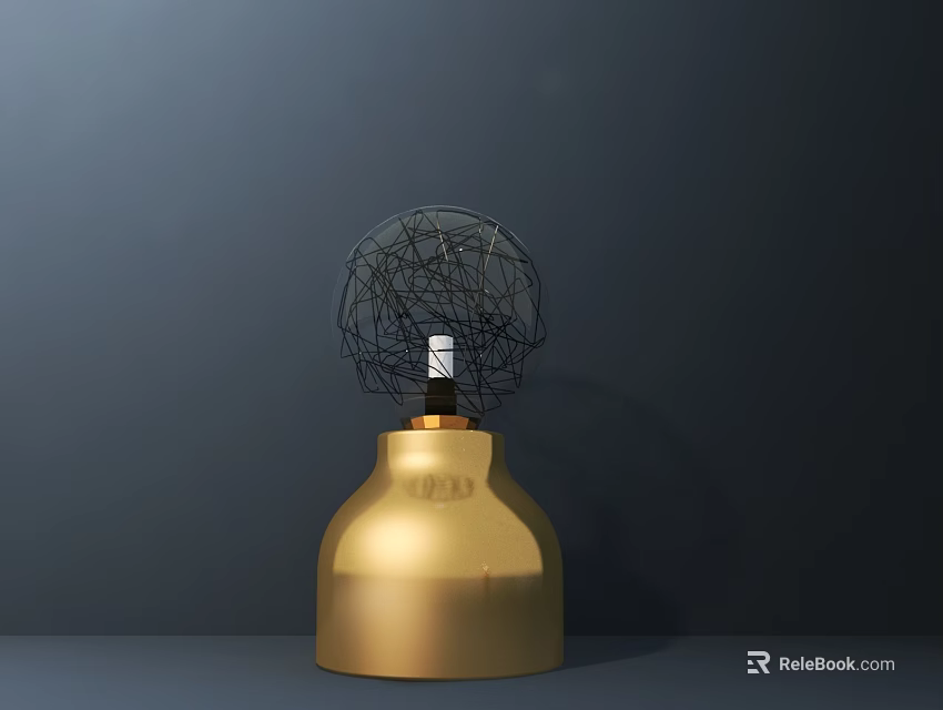 Modern Golden Base Table Lamp with Black Wire Mesh Spherical Shade and White Bulb 3d model 