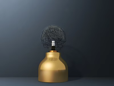Modern Golden Base Table Lamp with Black Wire Mesh Spherical Shade and White Bulb 3d model