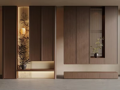 Modern Wooden Entryway Cabinet And Side Cabinet Interior Design With Lighting And Decorative Plants 3d model