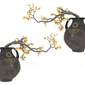 Two Decorative Black Vases With Golden Patterns Holding Yellow Flowering Branches 3d model
