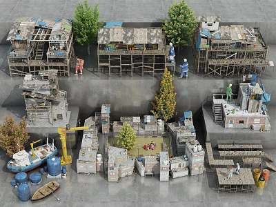 Industrial Factory Buildings Featuring Multistory Structures Surrounding Trees Worker Figures Construction Crane And Boat 3d model