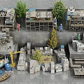 Industrial Factory Buildings Featuring Multistory Structures Surrounding Trees Worker Figures Construction Crane And Boat
