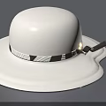 White Wide Brim Hat With Black And White Striped Band And Decorative Buckle