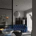 Blue Sofa Coffee Table Combination With Blue Bowl Black Grid Window And Wall Painting