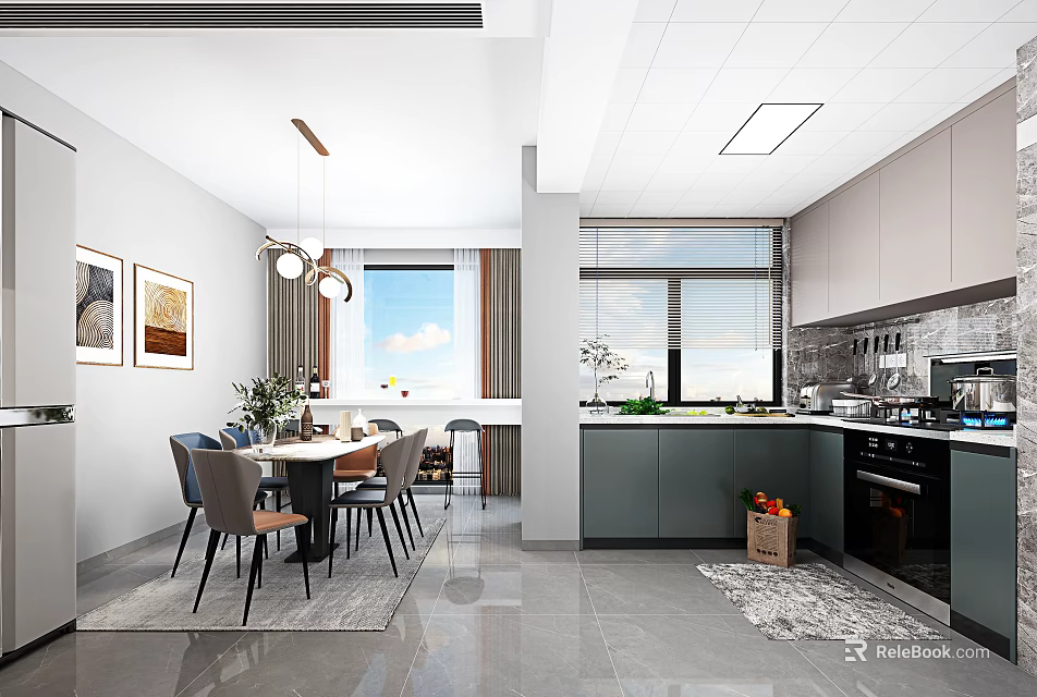 Modern Dining Room Interior Design With Dining Table Chairs Hanging Lights Window And Kitchen Cabinets 3d model