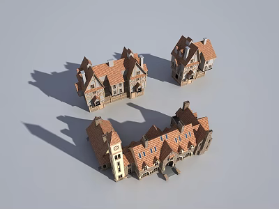 Traditional Commercial Street Featuring Classic Gabled Red Roof Buildings And Detailed Architecture 3d model