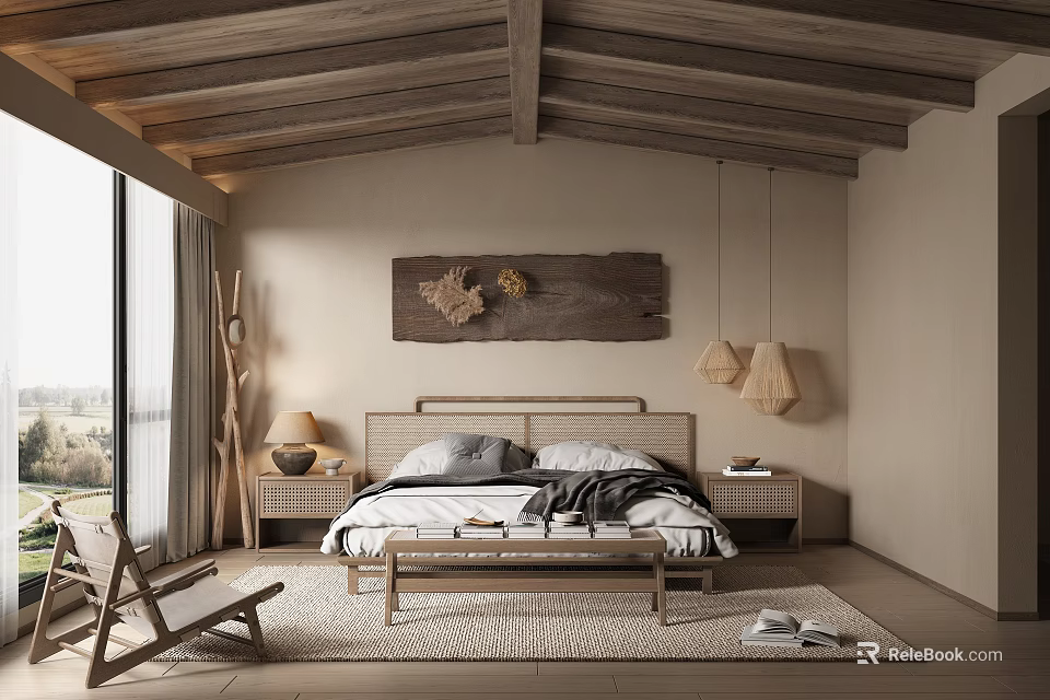 Cozy Hotel Room Interior With Wooden Ceiling Large Bed Bedside Tables And Pendant Lamps 3d model 