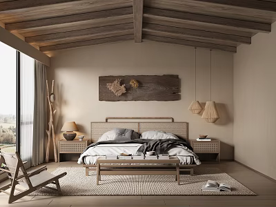 Cozy Hotel Room Interior With Wooden Ceiling Large Bed Bedside Tables And Pendant Lamps 3d model