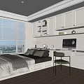 Modern Minimalist Tatami Bedroom Interior With Tatami Bed White Cabinets Desk Chair And City View Window
