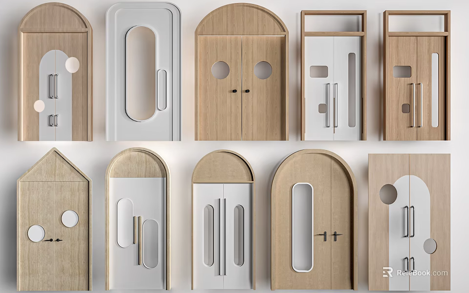Various Door Designs Featuring Wooden White Arch and Rectangular Shapes with Handles 3d model