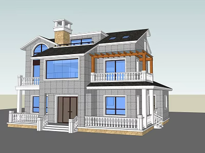 Two Story Single Family House With Gray Exterior Blue Windows Balcony Black Roof And Chimney 3d model