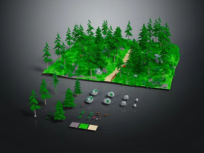 Lush Green Forest Scene With Winding Path Tall Trees And Scattered Stones 3d model