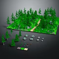 Lush Green Forest Scene With Winding Path Tall Trees And Scattered Stones