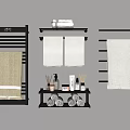 Modern Bathroom Accessories Set With Black Towel Rack Radiator Shelf Towels And Toiletries