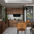 Modern Restaurant Interior Design With Wooden Cabinets Dining Table Chairs And Checkered Rug