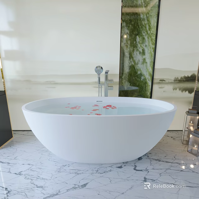 White Freestanding Bathtub With Red Petals On Water And Landscape Painting Background 3d model 