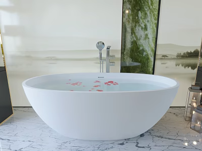 White Freestanding Bathtub With Red Petals On Water And Landscape Painting Background 3d model