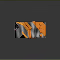 Abstract Orange And Black White Checkered Geometric Model With Stacked Boxes And Cylindrical Parts