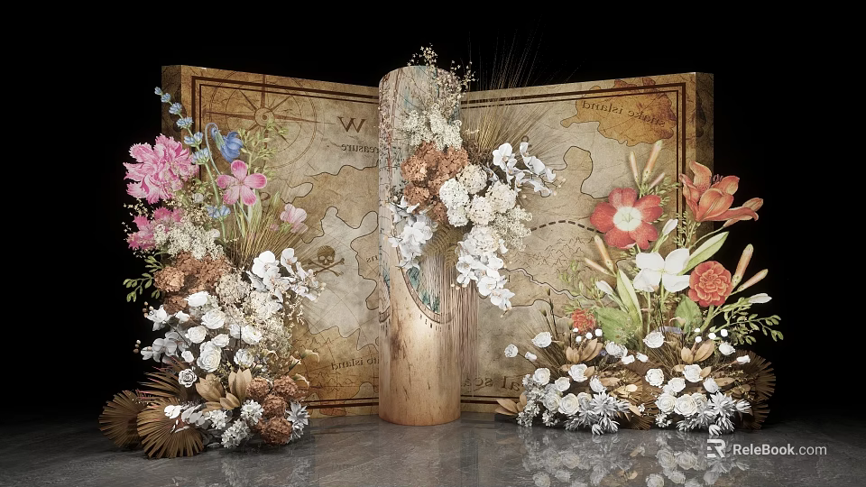 Elegant Floral Arrangement With Vintage Map Background And Wooden Cylindrical Vase 3d model 