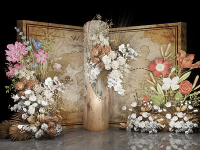 Elegant Floral Arrangement With Vintage Map Background And Wooden Cylindrical Vase 3d model
