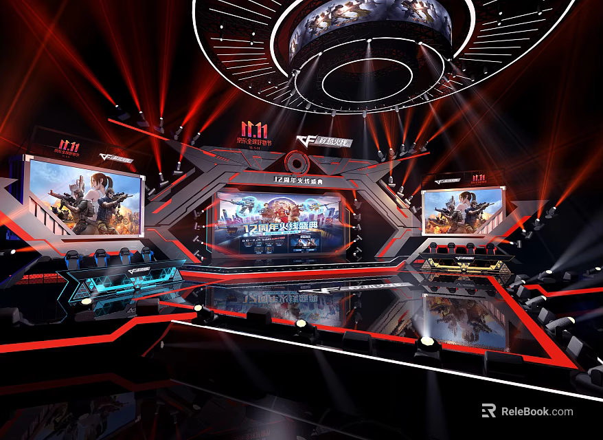Futuristic Esports Competition Stage With Dazzling Red Neon Lights And Multiple Large Gaming Screens 3d model 