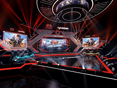 Futuristic Esports Competition Stage With Dazzling Red Neon Lights And Multiple Large Gaming Screens 3d model
