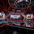 Futuristic Esports Competition Stage With Dazzling Red Neon Lights And Multiple Large Gaming Screens
