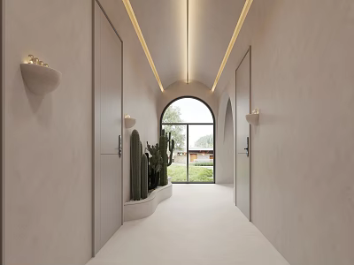 Modern Minimalist Elevator Hallway Interior With Arched Window Cactus Plants And Wall Lamps 3d model