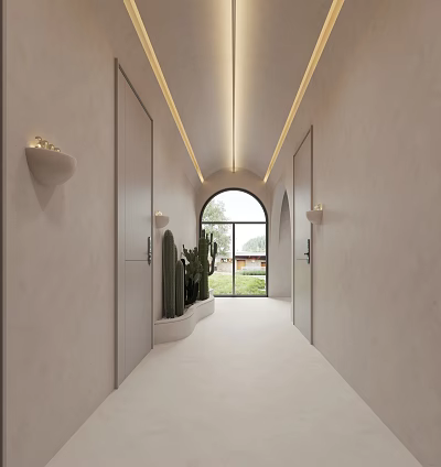 Modern Minimalist Elevator Hallway Interior With Arched Window Cactus Plants And Wall Lamps 3d model