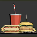 Appetizing Fast Food Platter With Hotdog Burger Sandwich And Soda On Wooden Board