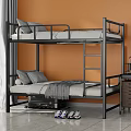 Modern Metal Bunk Bed With Gray Pillows Blanket Lower Bunk Wooden Desk Lamp Orange Wall White Curtains