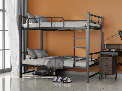 Modern Metal Bunk Bed With Gray Pillows Blanket Lower Bunk Wooden Desk Lamp Orange Wall White Curtains 3d model