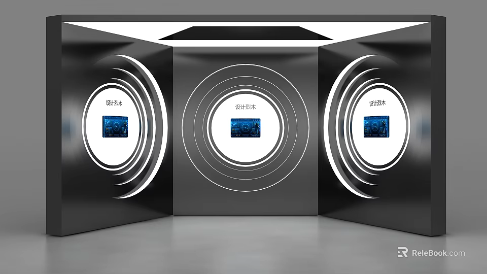 Tech Inspired Modern Background Wall With Three Circular Sections White Rings And Digital Screens 3d model 