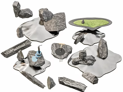 Natural Rockery Stones With Water Basins Small Platforms And Green Plant Accents 3d model