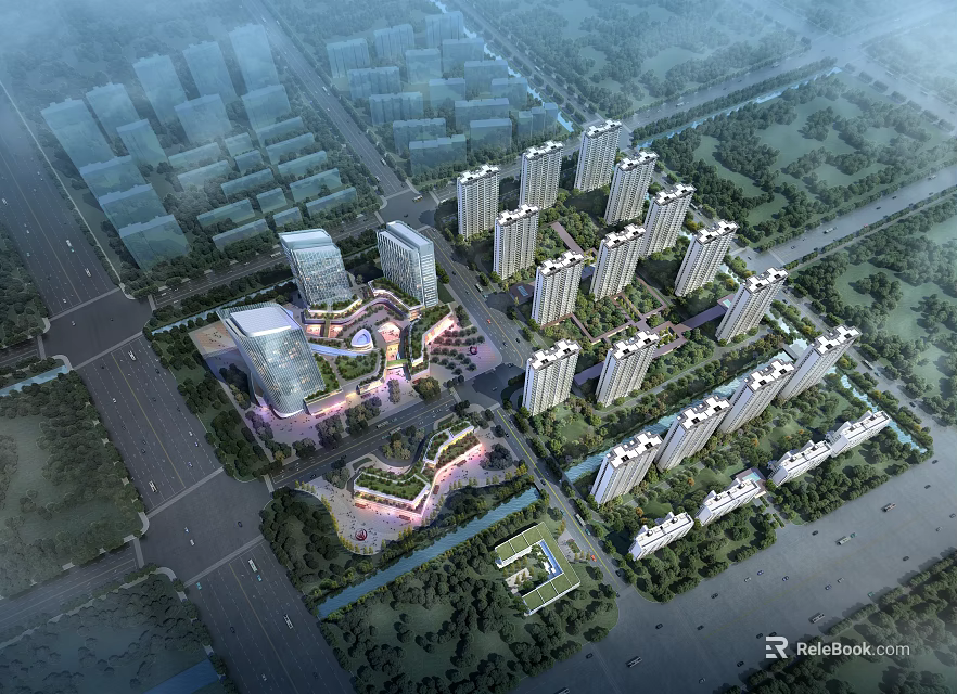 Aerial Planning of Modern Urban Residential Complex with High Rise Buildings Green Spaces and Roads 3d model 